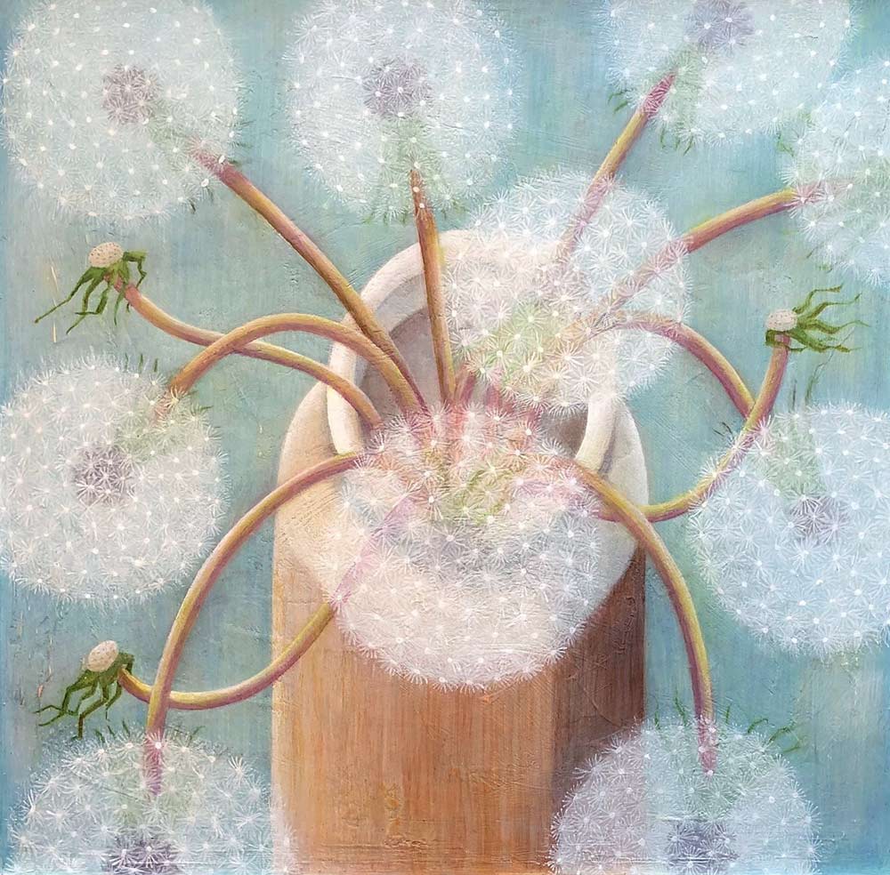 Victoria Webster at Norton Way Gallery, Hertfordshire. This original artwork by British artist, Victoria Webster is painted in oils. It depicts a ceramic vase full of seeded Dandelion heads.