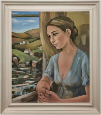 Liz Ridgway at Norton Way Gallery Hertfordshire. This beautiful, original oil painting by Liz Ridgway is an original work of art. It depicts a young woman gazing out of a window, on to a lake.