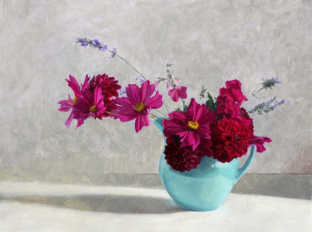 Rosemary Lewis at Norton Way Gallery, Hertfordshire. This original artwork by British artist, Rosemary Lewis is painted in oils. It depicts a small turquoise jug with pink dahlias, cosmos and lavender. This original painting is framed in a hand painted, off white frame.