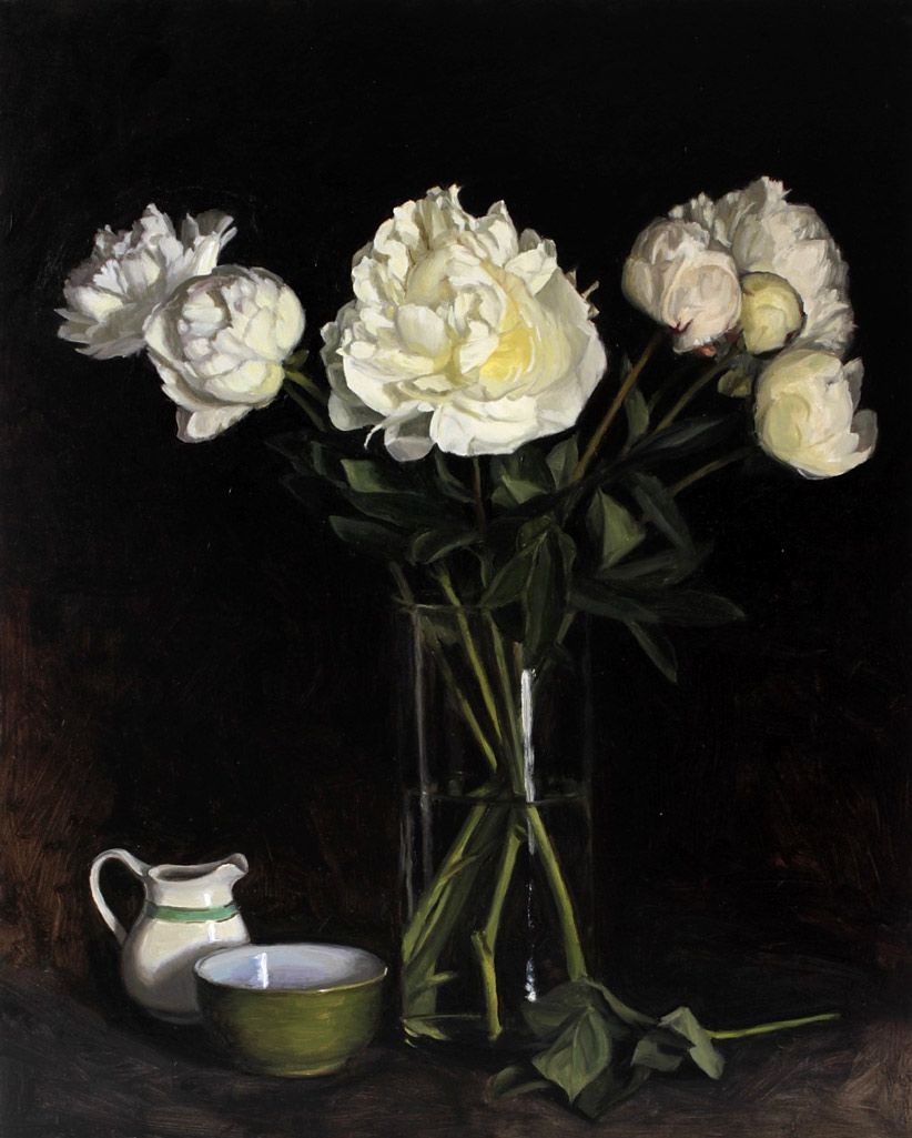 Rosemary Lewis at Norton Way Gallery, Hertfordshire. This original artwork by British artist, Rosemary Lewis is painted in oils. It depicts a large glass vase with white Peonies, and a small white jug and bowl. This original painting is framed in a hand painted, off white frame.