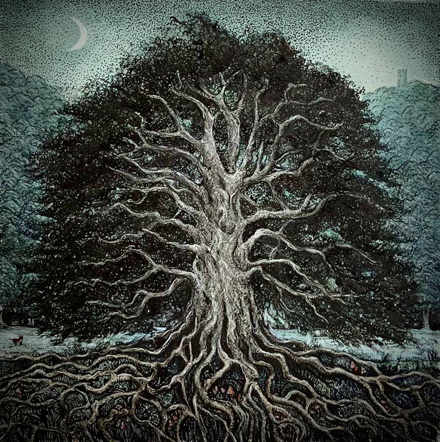 Lynda Jones art at Norton Way Gallery Hertfordshire. This beautiful ink and watercolour painting is an original artwork by Welsh artist Lynda Jones. It is typically atmospheric and depicts an ancient Oak tree with a small dog running in the background. There is also a crescent moon.