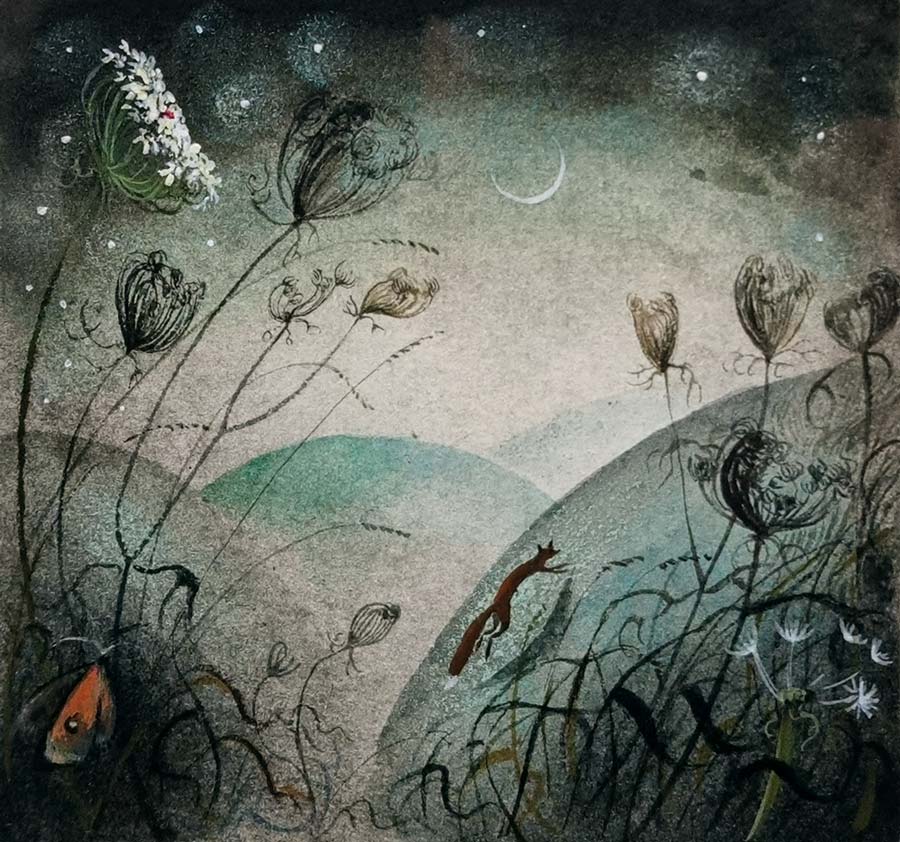 Flora McLachlan at Norton Way Gallery, Hertfordshire. This original artwork by British artist, Flora McLachlan is painted in watercolour. It depicts a running fox, a moth and a starry night, with a crescent moon.