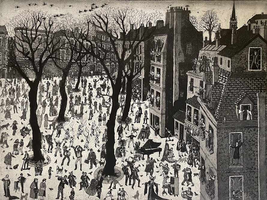 Tim Southall at Norton Way Gallery, Hertfordshire. This original artwork by British artist, Tim Southall is an original etching. It depicts a genre scene of people in a winter, townscape.