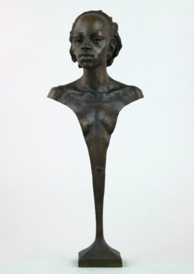 Andrzej Szymczyk bronze sculpture at Norton Way Gallery Hertfordshire. This beautiful African portrait, bronze sculpture is created in foundry bronze by artist Andrzej Szymczyk. It depicts a beautiful Women Warrior of Kau bust, on a bronze pedestal, in a traditional bronze patina.