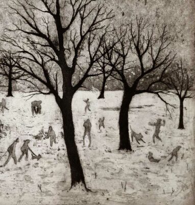 Tim Southall at Norton Way Gallery, Hertfordshire. This original artwork by British artist, Tim Southall is an original etching. With the Tim Southall, atmospheric, signature, It depicts a winter scene with people enjoying the park, in the snow.