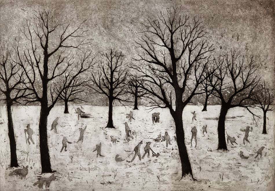 Tim Southall at Norton Way Gallery, Hertfordshire. This original artwork by British artist, Tim Southall is an original etching. With the Tim Southall, atmospheric, signature, It depicts a winter scene with people enjoying the park, in the snow.