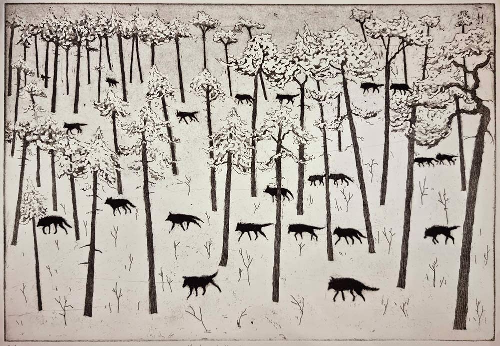 Tim Southall at Norton Way Gallery, Hertfordshire. This original artwork by British artist, Tim Southall is an original etching. With the Tim Southall, atmospheric, signature, It depicts a winter scene with many wolves prowling in the snow.