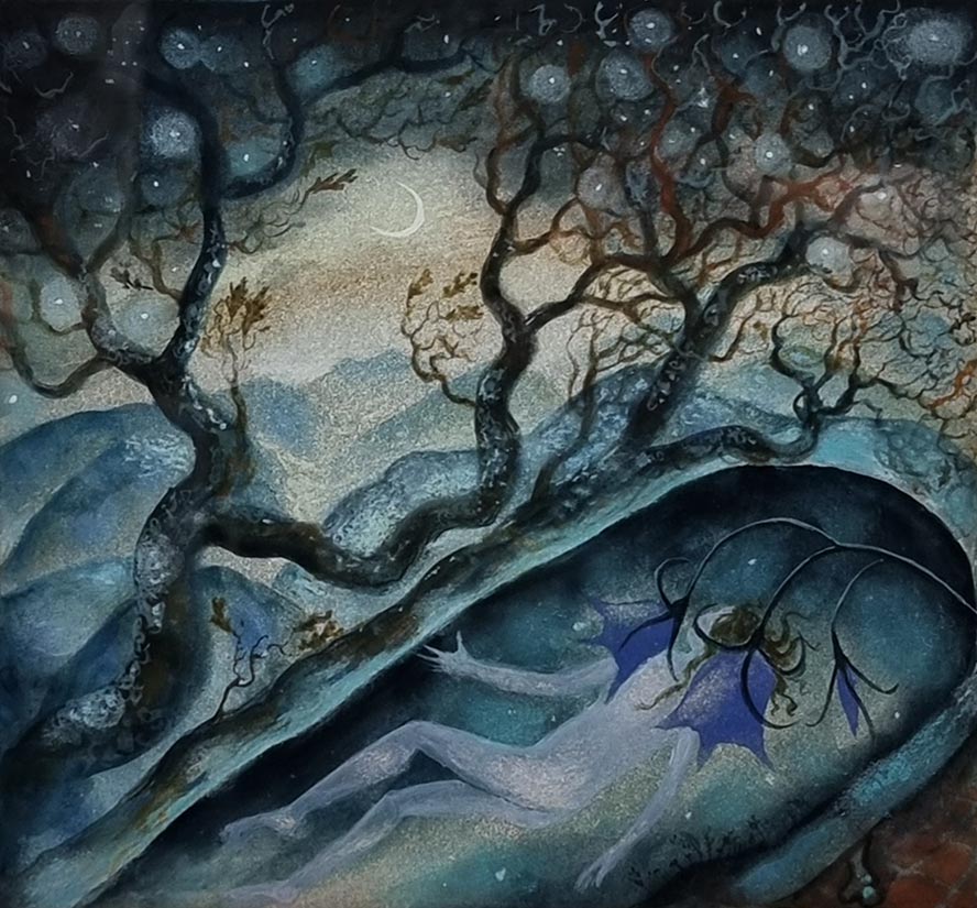 Flora McLachlan at Norton Way Gallery, Hertfordshire. This original artwork by British artist, Flora McLachlan is painted in watercolour. It depicts a starry night dream scene.A figure is obscured by Harebells.