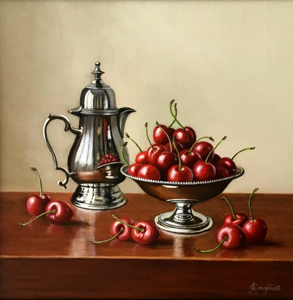 Anne Songhurst Art at Norton Way Gallery Hertfordshire. This beautiful oil painting is an original artwork by British artist Anne Songhurst. It is a still life painting, depicting a silver jug and dish with red cherries. It is framed in a dark wood frame.