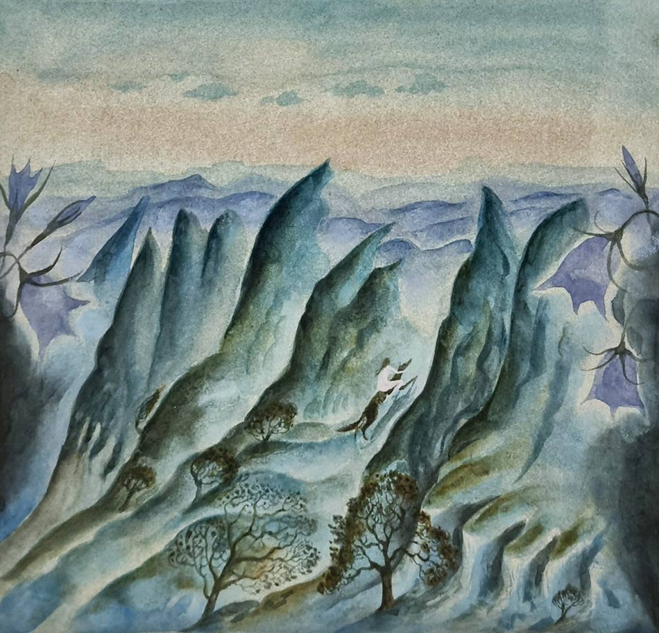 Flora McLachlan at Norton Way Gallery, Hertfordshire. This original artwork by British artist, Flora McLachlan is painted in watercolour. It depicts a starry night dream scene.A naked figure is riding a greyhound type dog, through craggy rocks.