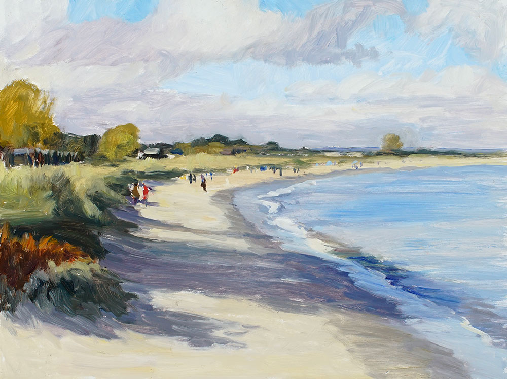 Rosemary Lewis at Norton Way Gallery, Hertfordshire. This original artwork by British artist, Rosemary Lewis is painted in oils. It depicts a coastal scene of Studland Bay. This original painting is framed in a hand painted, off white frame.