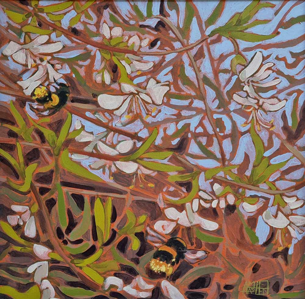Amie Haslen at Norton Way Gallery, Hertfordshire. This original artwork by British artist, Amie Haslen is painted in acrylics. It depicts summer Honeysuckle and Bumblebees.