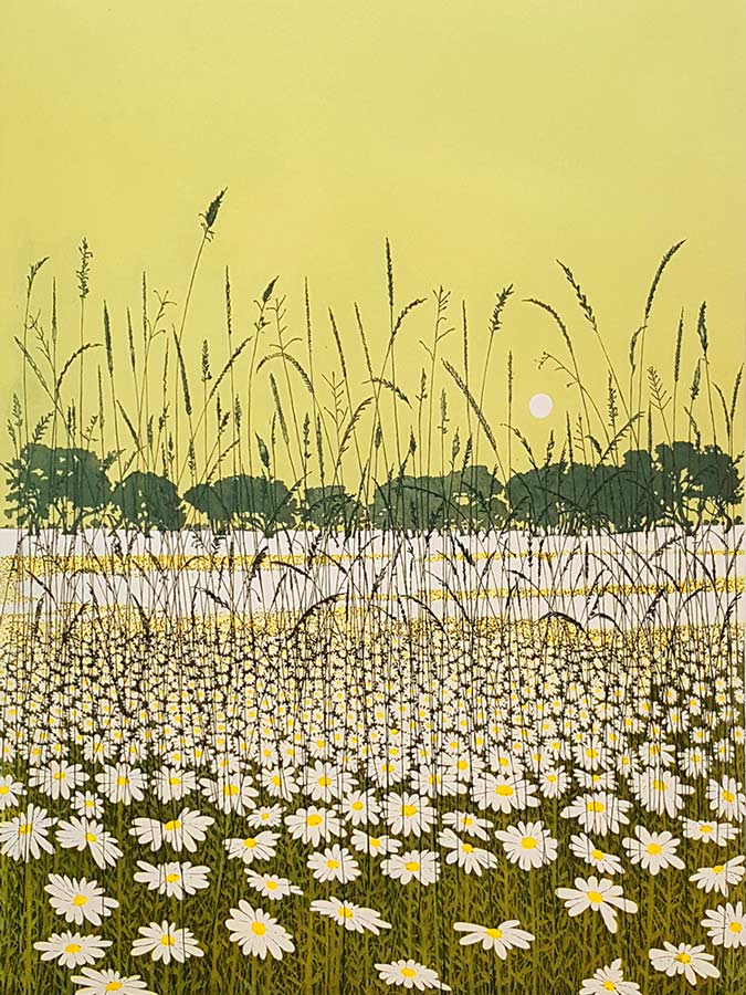 Phil Greenwood RE. Phil Greenwood RE etching. This etching by Phil Greenwood depicts a romantic and atmospheric view of a daisy field, with the moon.
