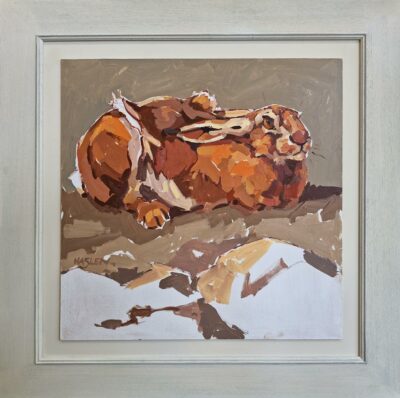 Andrew Haslen at Norton Way Gallery, Hertfordshire. This original artwork by British artist, Andrew Haslen is painted in acrylic. It depicts a resting hare on rocky ground.