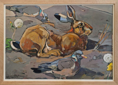 Andrew Haslen at Norton Way Gallery, Hertfordshire. This original artwork by British artist, Andrew Haslen is painted in acrylic. It depicts a nestling hare and two wood pigeons.