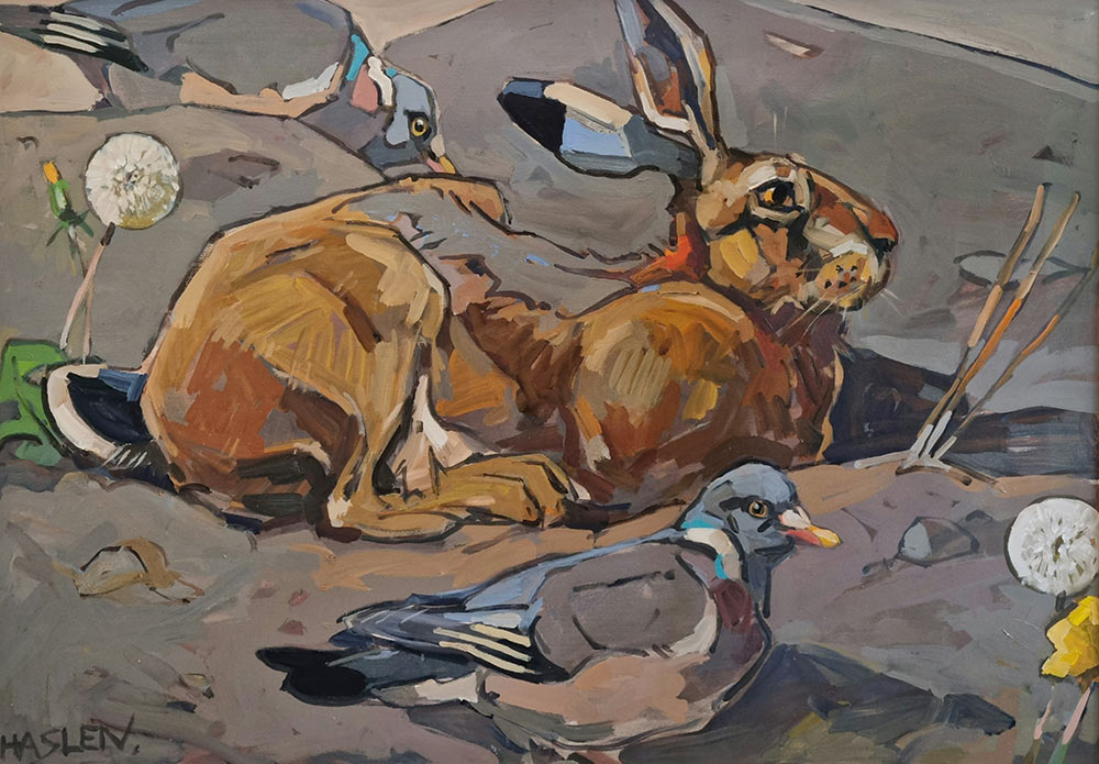 Andrew Haslen at Norton Way Gallery, Hertfordshire. This original artwork by British artist, Andrew Haslen is painted in acrylic. It depicts a nestling hare and two wood pigeons.