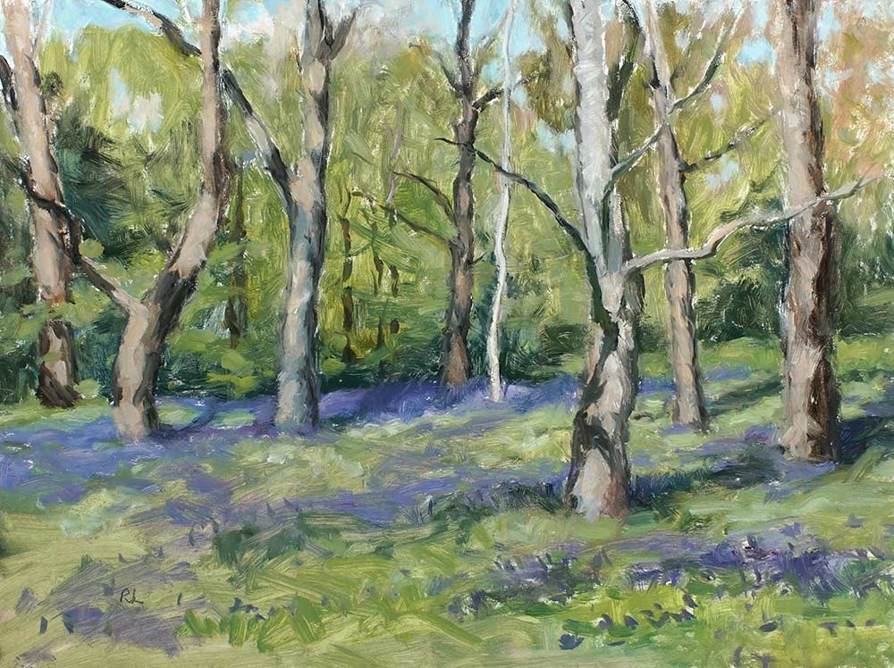 Rosemary Lewis at Norton Way Gallery, Hertfordshire. This original artwork by British artist, Rosemary Lewis is painted in oils. It depicts a spring scene of woodland Bluebells. This original painting is framed in a hand painted, off white frame.