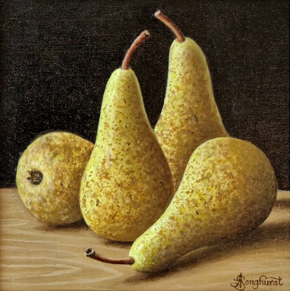 Anne Songhurst Art at Norton Way Gallery Hertfordshire. This beautiful oil painting is an original artwork by British artist Anne Songhurst. It is a still life painting, depicting four Conference Pears. It is framed in a dark wood frame.