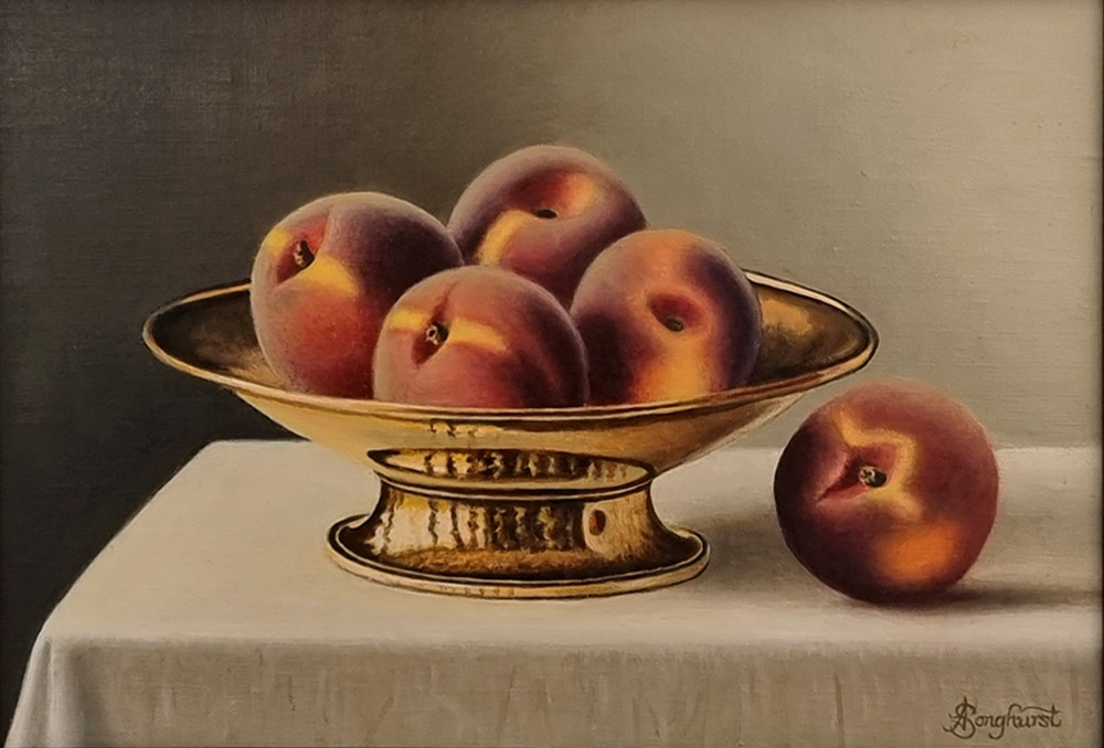 Anne Songhurst Art at Norton Way Gallery Hertfordshire. This beautiful oil painting is an original artwork by British artist Anne Songhurst. It is a still life painting, depicting five peaches and a copper, footed bowl. It is framed in a dark wood frame.