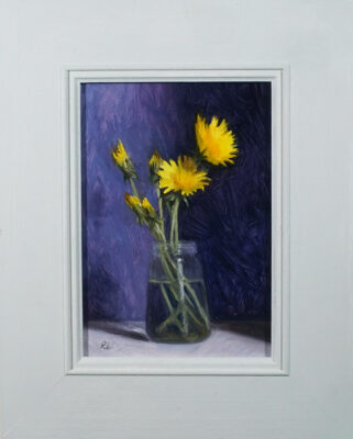 Rosemary Lewis at Norton Way Gallery, Hertfordshire. This original artwork by British artist, Rosemary Lewis is painted in oils. It depicts Dandelions in a glass jar. This original painting is framed in a hand painted, off white frame.