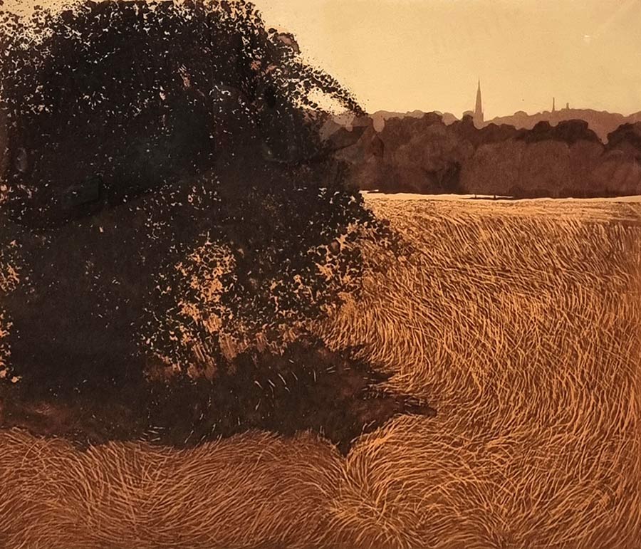 Phil Greenwood RE. Phil Greenwood RE etching. This etching by Phil Greenwood depicts a romantic heat hazed summer field.
