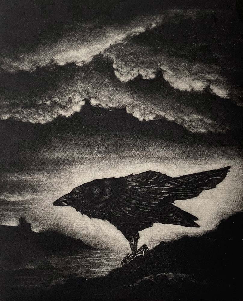 Susan Davies: Susan Davies mezzotints and atmospheric and dark. Susan's Mezzotints are black and white. This original print depicts a Raven against a dramatic sea and landscape.