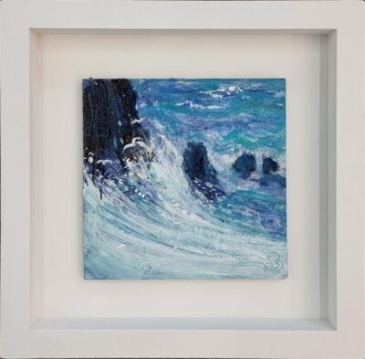 Sally Basset at Norton way Gallery Hertfordshire. Expressive sea-scape in hues of blue and turquoise.