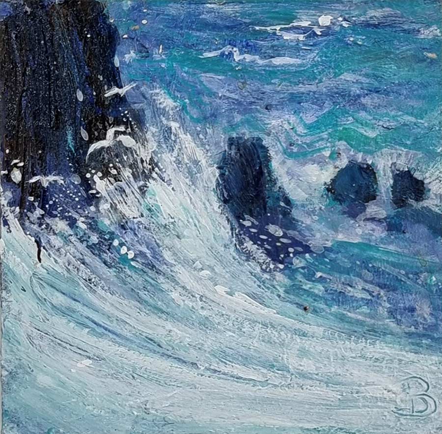 Sally Basset at Norton way Gallery Hertfordshire. Expressive sea-scape in hues of blue and turquoise, with crashing waves.