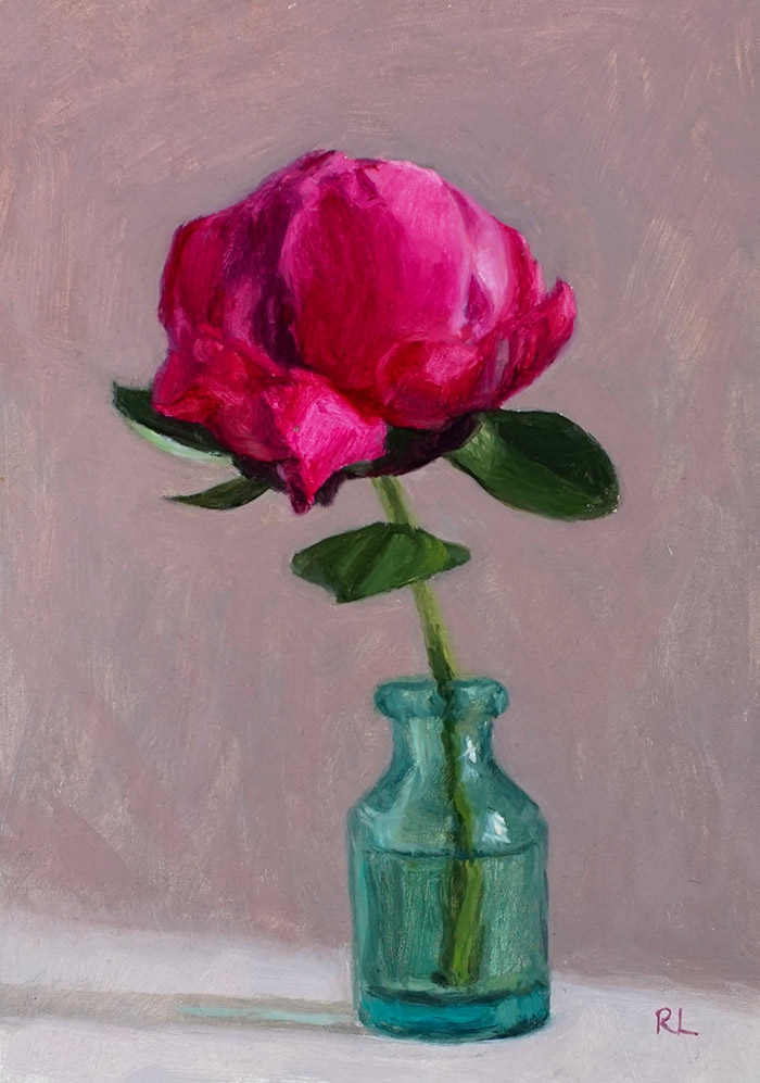 Rosemary Lewis at Norton Way Gallery, Hertfordshire. This original artwork by British artist, Rosemary Lewis is painted in oils. It depicts a vibrant Pink Peony in a green bottle. This original painting is framed in a hand painted, off white frame.