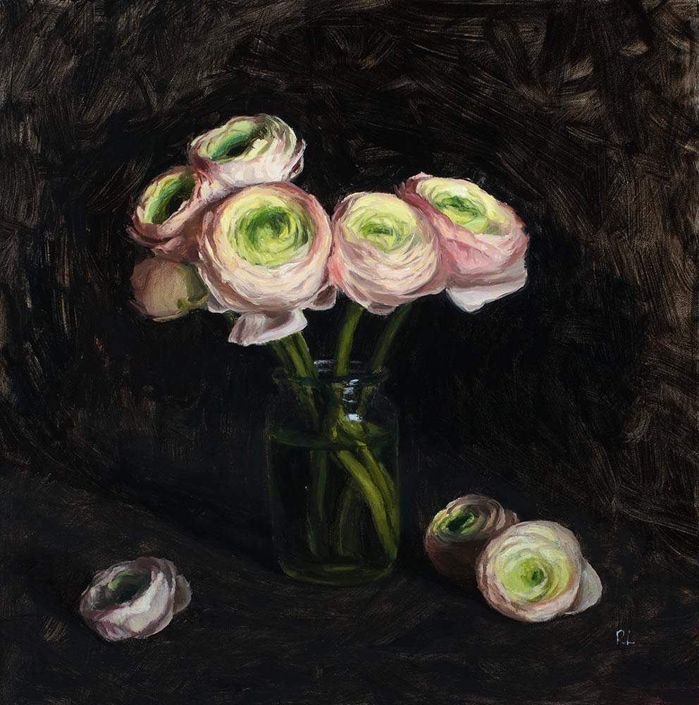 Rosemary Lewis at Norton Way Gallery, Hertfordshire. This original artwork by British artist, Rosemary Lewis is painted in oils. It depicts beautiful, cream and pink Ranunculus flowers in a glass jar. This original painting is framed in a hand painted, off white frame.