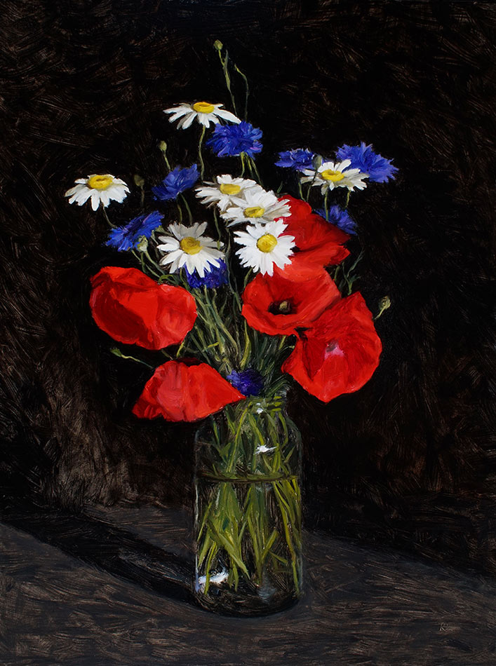 Rosemary Lewis at Norton Way Gallery, Hertfordshire. This original artwork by British artist, Rosemary Lewis is painted in oils. It depicts vibrant red, white and blue, wild flowers in a glass jar. This original painting is framed in a hand painted, off white frame.