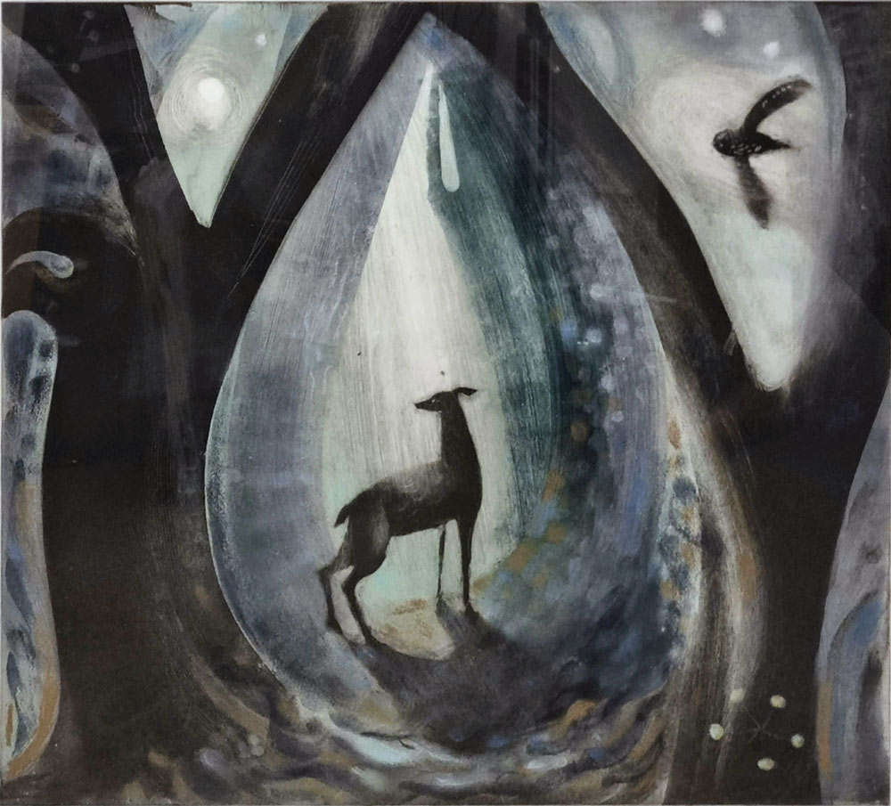 Flora McLachlan at Norton Way Gallery, Hertfordshire. This original artwork by British artist, Flora McLachlan is a, unique, artists' mono-type. It depicts a dream type, woodland scene, with a deer and owl.