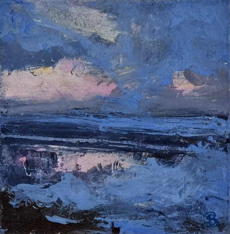 Sally Basset at Norton way Gallery Hertfordshire. Express sea-scape in hues of blue and mauve.