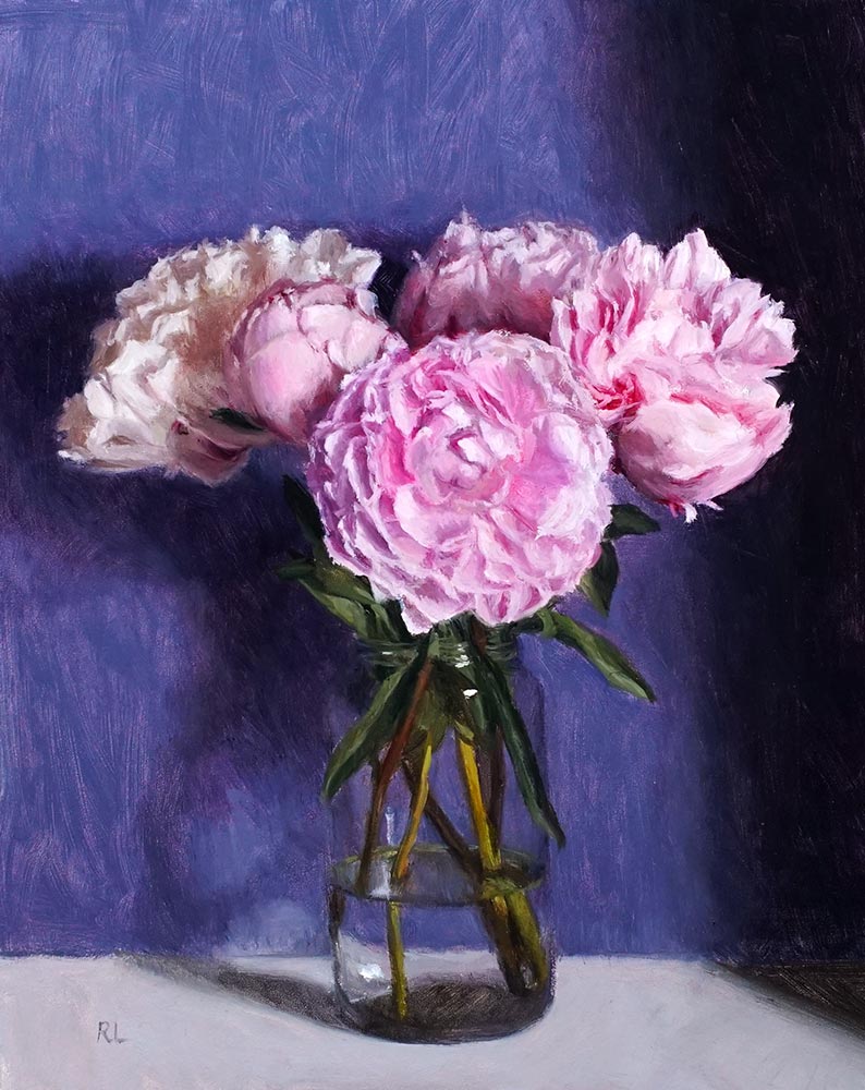 Rosemary Lewis at Norton Way Gallery, Hertfordshire. This original artwork by British artist, Rosemary Lewis is painted in oils. It depicts beautiful, pink Peonies flowers in a glass jar. This original painting is framed in a hand painted, off white frame.