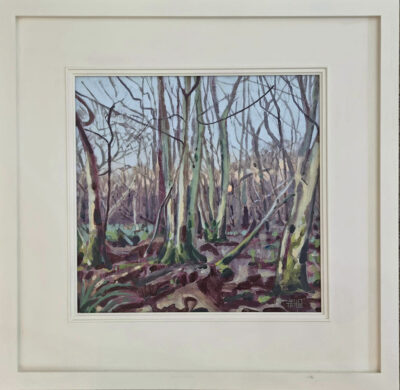 Amie Haslen at Norton Way Gallery, Hertfordshire. This original artwork by British artist, Amie Haslen is painted in acrylics. It depicts winter trees in a woodland setting.