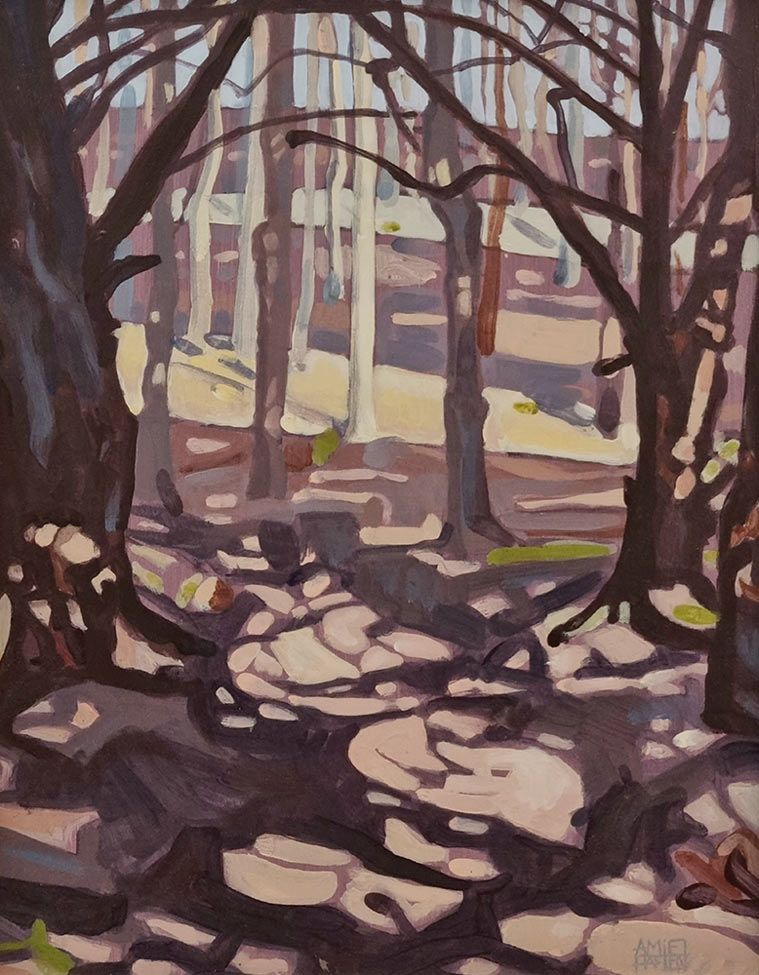 Amie Haslen at Norton Way Gallery, Hertfordshire. This original artwork by British artist, Amie Haslen is painted in acrylics. It depicts winter Yew trees in a woodland setting.
