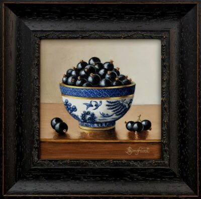 Anne Songhurst Art at Norton Way Gallery Hertfordshire. This beautiful oil painting is an original artwork by British artist Anne Songhurst. It is a still life painting, with Blackcurrants and a bowl. It is framed in a dark wood frame.