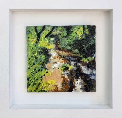 Sally Bassett at Norton Way Gallery. Sally Bassett Original art. This Sally Bassett painting is painted in acrylics. It shows an autumnal river flowing through rocks and trees.