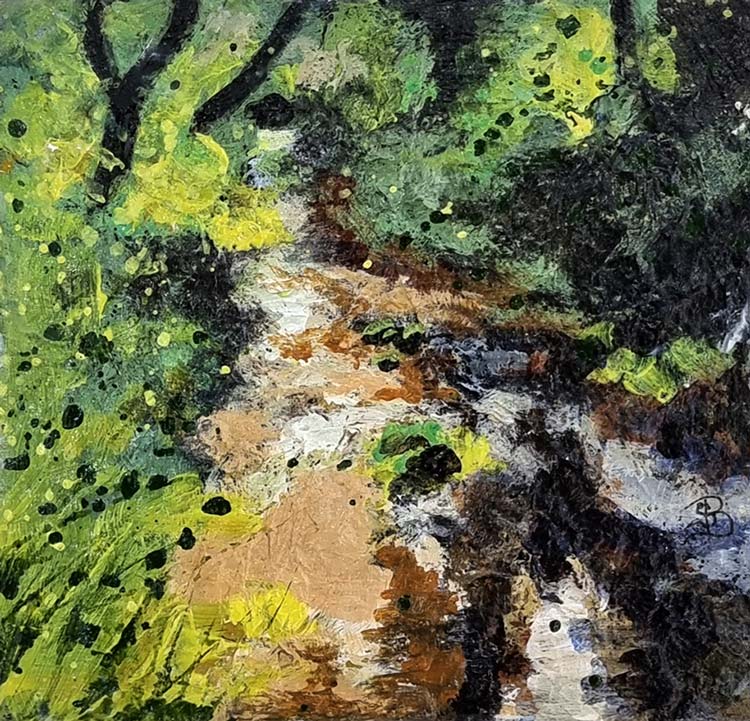 Sally Bassett at Norton Way Gallery. Sally Bassett Original art. This Sally Bassett painting is painted in acrylics. It shows an autumnal river flowing through rocks and trees.