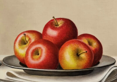 Anne Songhurst Art at Norton Way Gallery Hertfordshire. This beautiful oil painting is an original artwork by British artist Anne Songhurst. It is a still life painting, depicting several rosy red apples piled on a pewter plate. This is accompanied by a pewter knife and jug. It is framed in a dark wood frame.