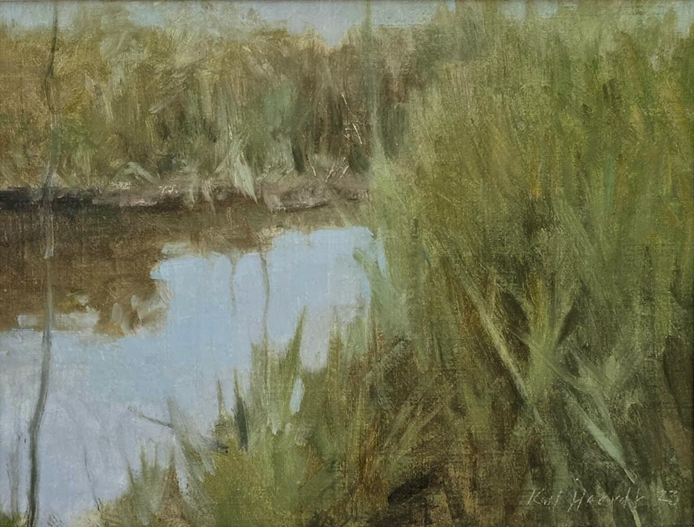 Karl Heerdt: Karl Heerdt at Norton Way Gallery. This beautiful original painting of an American landscape is by USA artist Karl Heerdt. It depicts marshland with reeds in a palette of greens and browns.