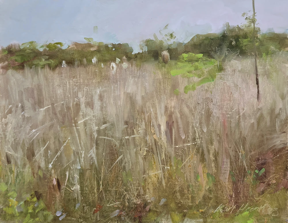 Karl Heerdt: Karl Heerdt at Norton Way Gallery. This beautiful original painting of an American landscape is by USA artist Karl Heerdt. It depicts a meadow with Cattail grasses in a palette of greens and browns.