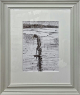 Andrew Farmer at Norton Way Gallery, Hertfordshire. This original artwork by British artist, Andrew farmer is drawn in graphite pencil. It depicts a beautiful beach scene, with a young child collecting shells on the beach . This original drawing is framed in a hand painted, off white frame.