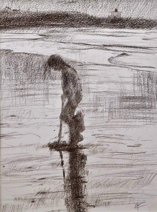 Andrew Farmer at Norton Way Gallery, Hertfordshire. This original artwork by British artist, Andrew farmer is drawn in graphite pencil. It depicts a beautiful beach scene, with a young child collecting shells on the beach . This original drawing is framed in a hand painted, off white frame.