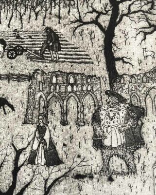 Tim Southall: Tim Southall at Norton Way Gallery. This beautiful original artwork from Tim Southall is an original etching. It depicts a narrative, winter scene illustrating some of the key events and figures of the English renaissance period.