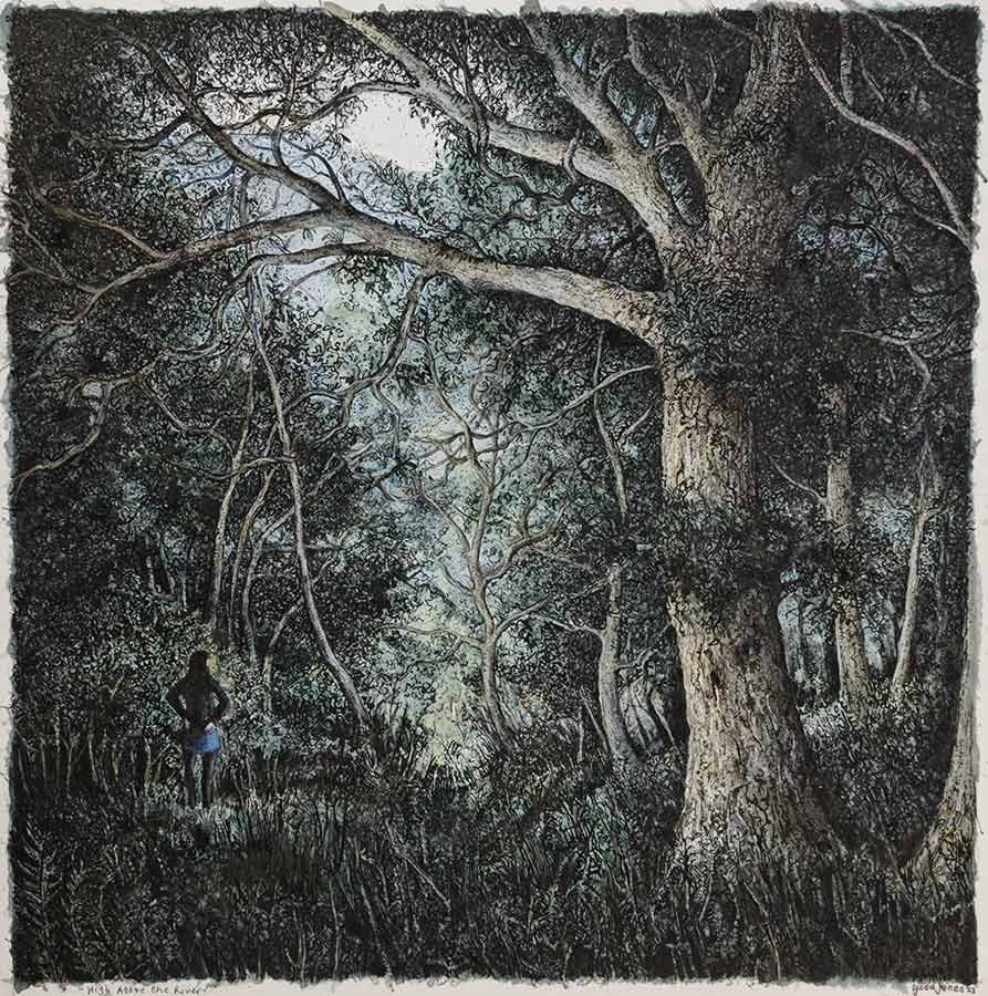 Lynda Jones: Lynda Jones art at Norton Way Gallery Hertfordshire. This beautiful ink and watercolour painting is an original artwork by Welsh artist Lynda Jones. It is typically atmospheric and depicts a female character looking out from heavy, dense woodland.