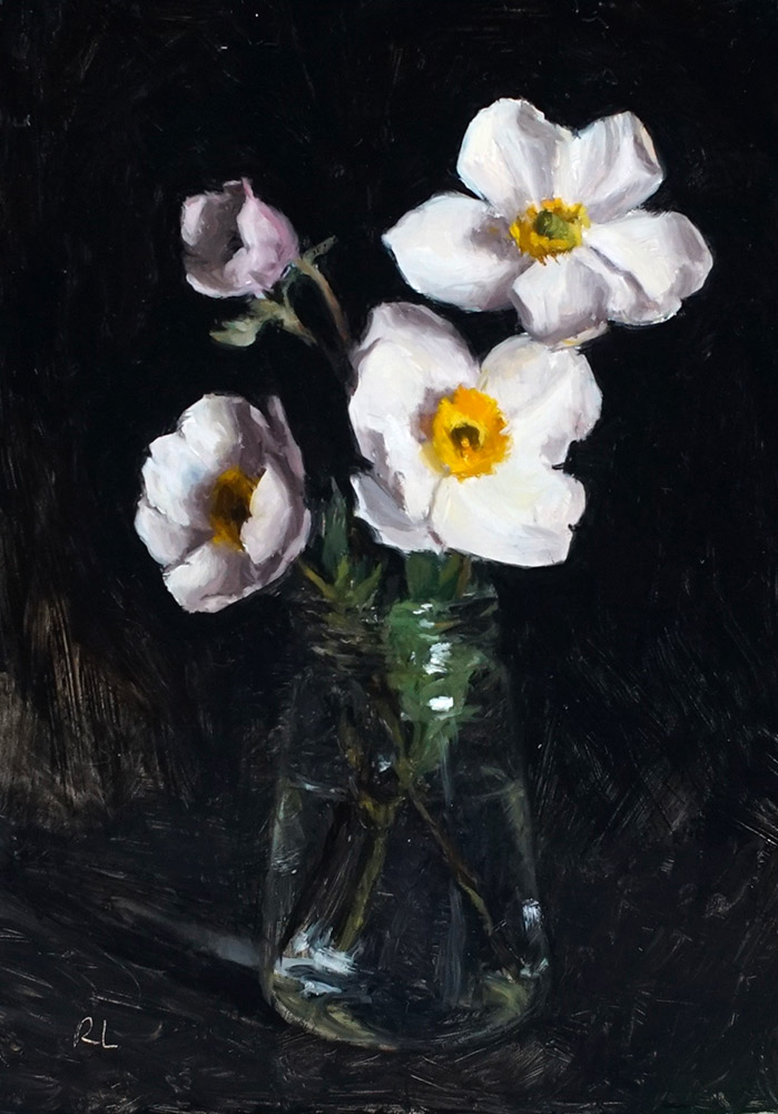 Rosemary Lewis at Norton Way Gallery, Hertfordshire. This original artwork by British artist, Rosemary Lewis is painted in oils. It depicts beautiful white anemone flowers in a glass jar. This original painting is framed in a hand painted, off white frame.