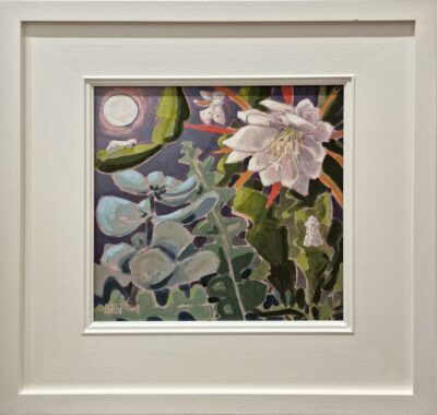 Amie Haslen at Norton Way Gallery, Hertfordshire. This original artwork by British artist, Amie Haslen is painted in acrylics. It depicts rare flowers and Ermine moths in a midnight, moonlit garden