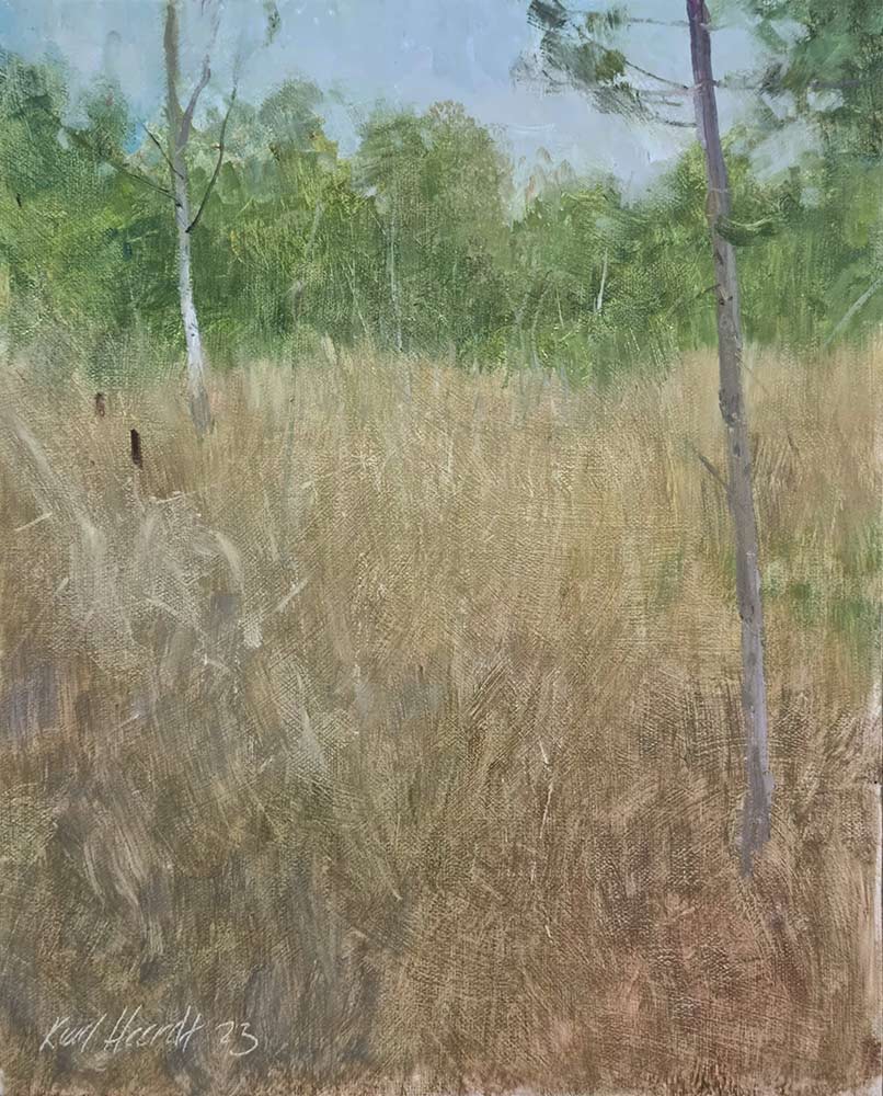 Karl Heerdt: Karl Heerdt at Norton Way Gallery. This beautiful original painting of an American landscape is by USA artist Karl Heerdt. It depicts a meadow with Cattail grasses and trees in a palette of greens and browns.
