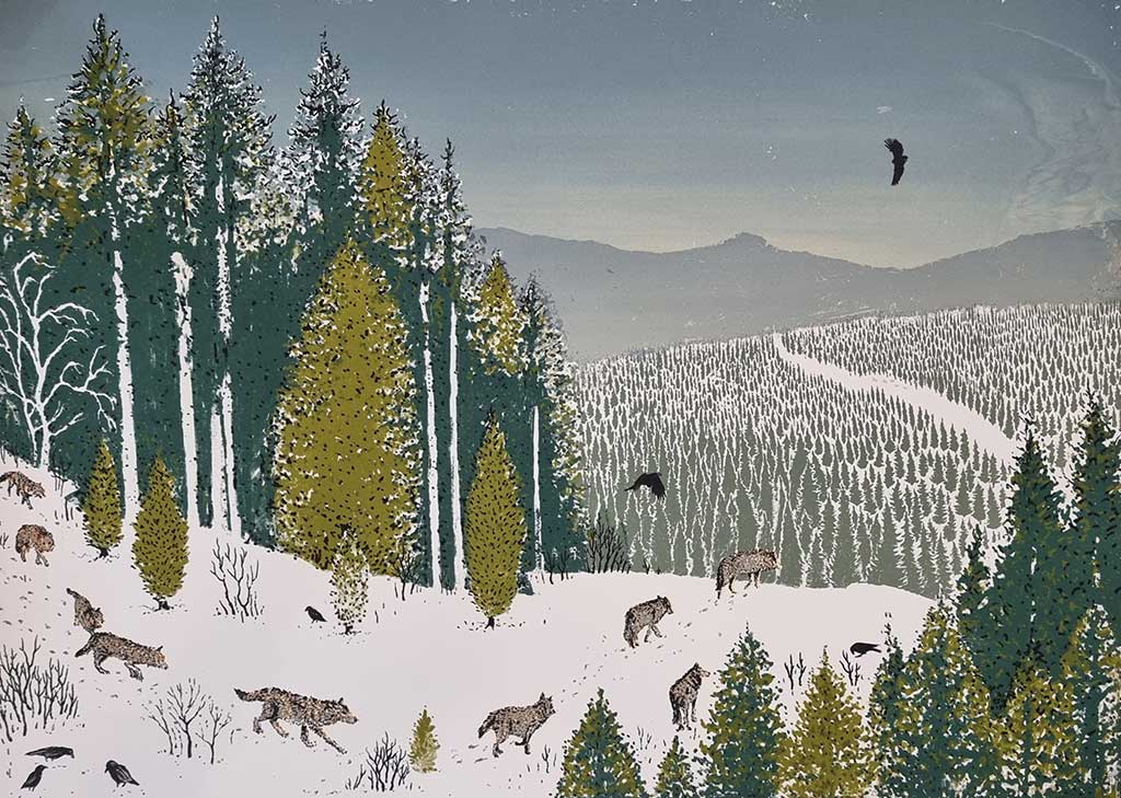 Tim Southall: Tim Southall at Norton Way Gallery. This beautiful original artwork from Tim Southall is an original Silk Screen. It depicts wolves running freely in a winter landscape.